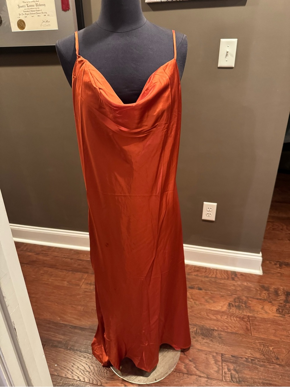 Satin Cowl Midi Dress in Burnt Orange